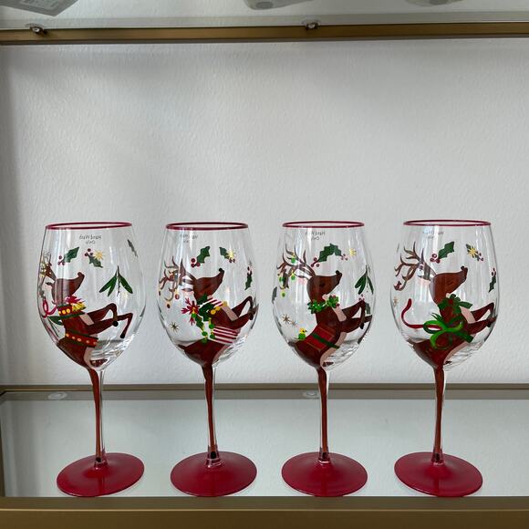 Neiman Marcus Hand-Painted Reindeer Christmas Wine Glasses Set of 4 New - Picture 15 of 16